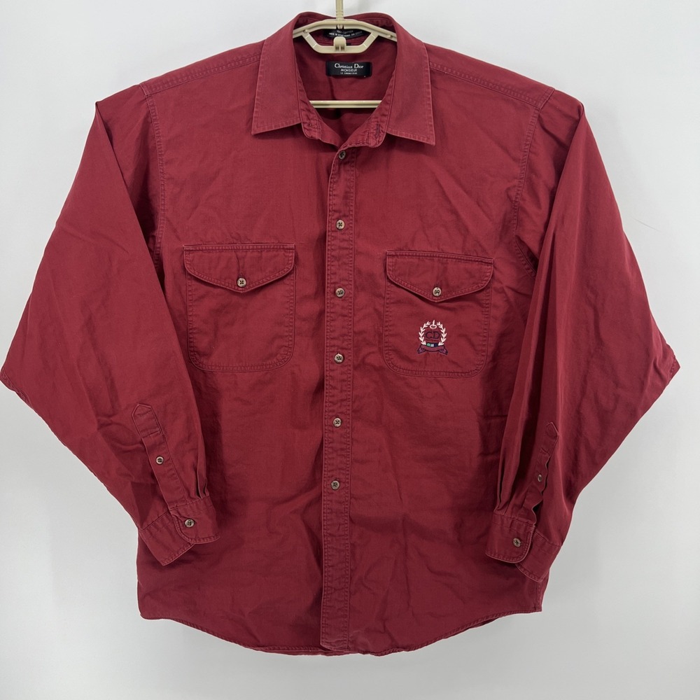 Christian Dior Monsieur Mens Large Burgundy Button-Up Long Sleeve Shirt